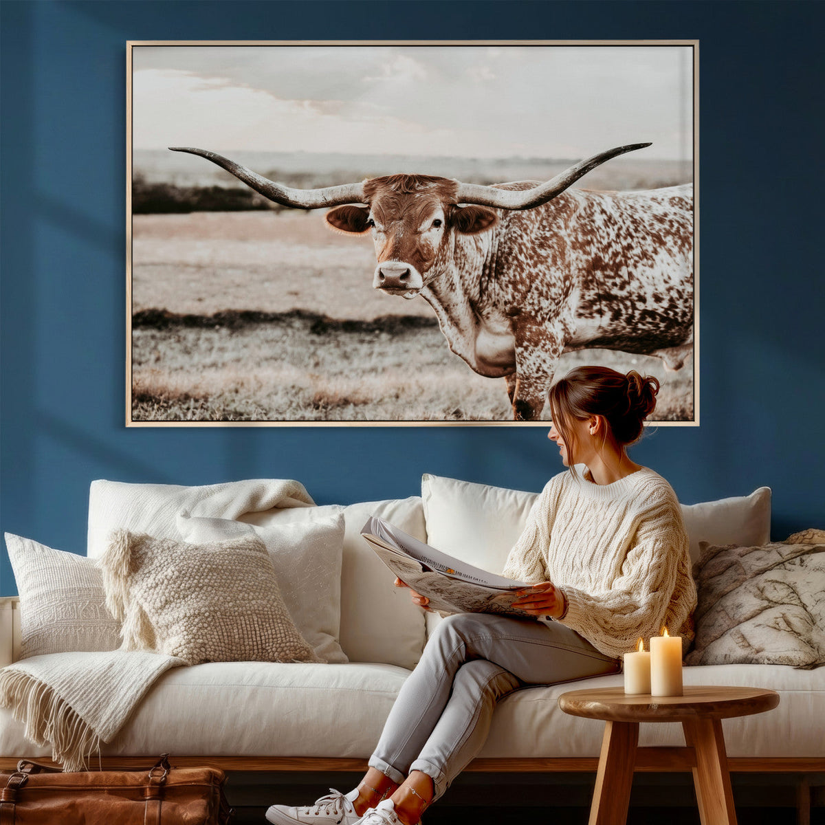 Texas Longhorn Bull Rustic Wall Art Canvas Print