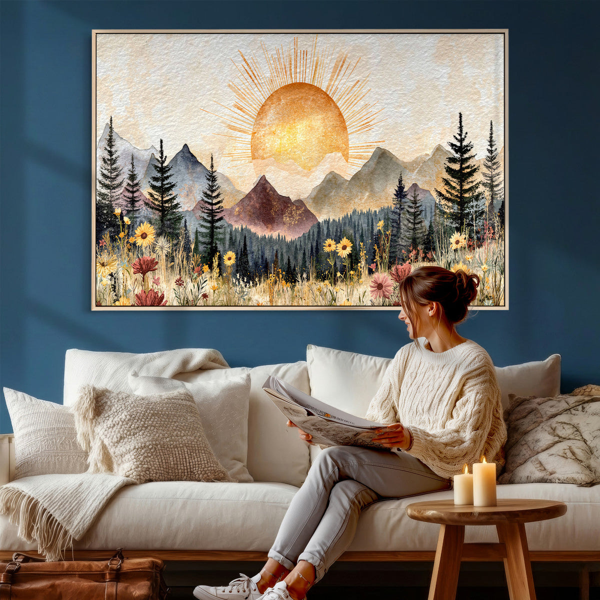 Boho Mountain Landscape Large Wall Art, Horizontal Gold