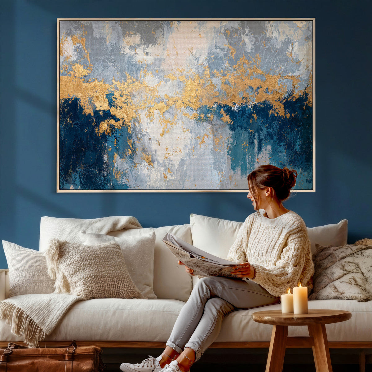 Blue Gold Abstract Large Framed Canvas Wall Art, Modern
