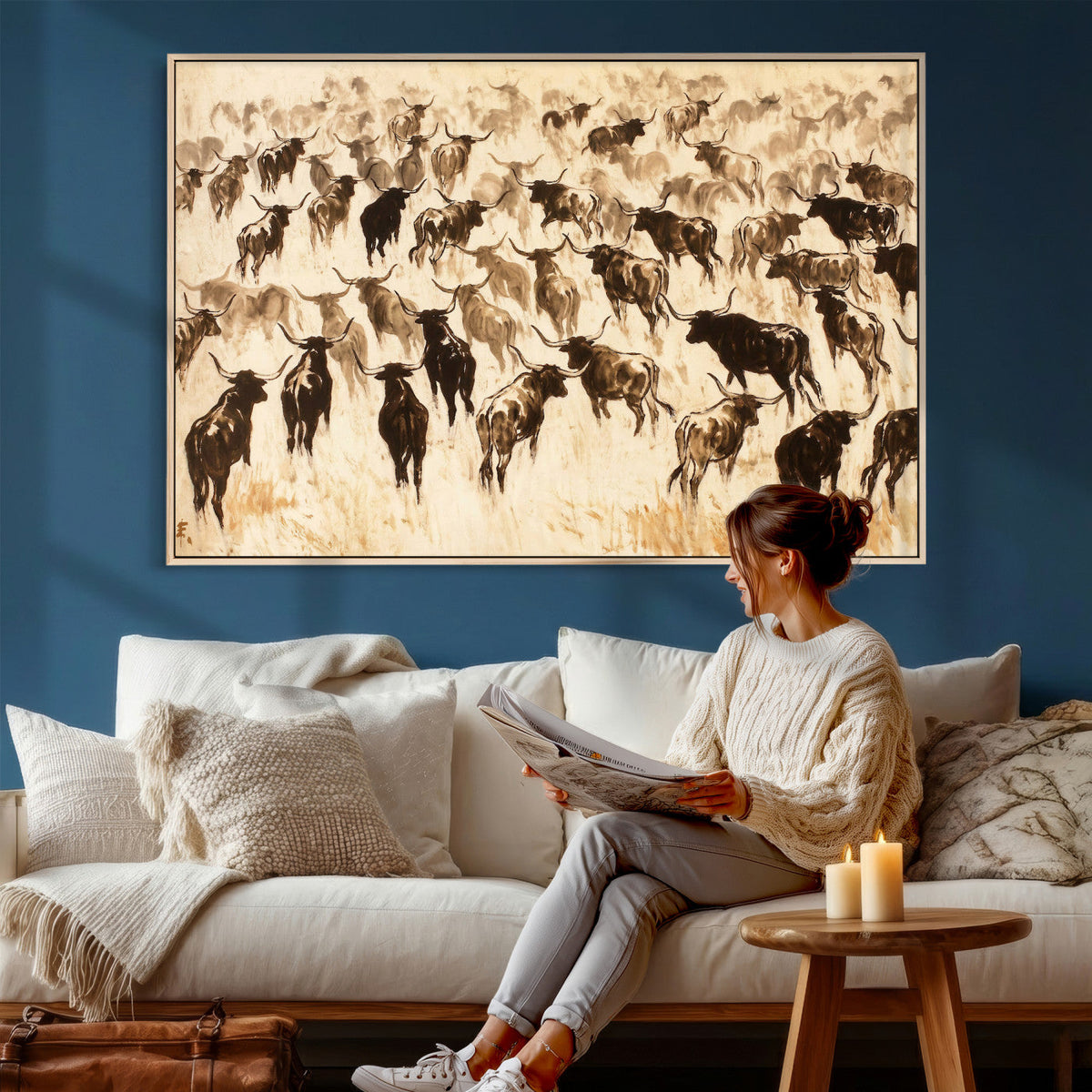 Texas Longhorn Sepia Canvas Wall Art, Western Cattle