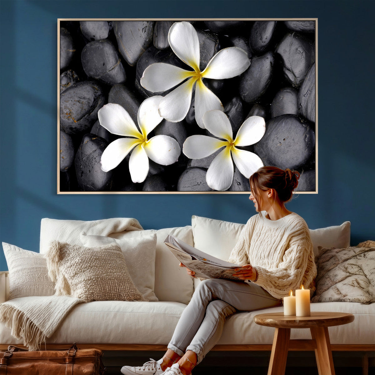 Plumeria Frangipani Black Stone Canvas | White Flower Spa