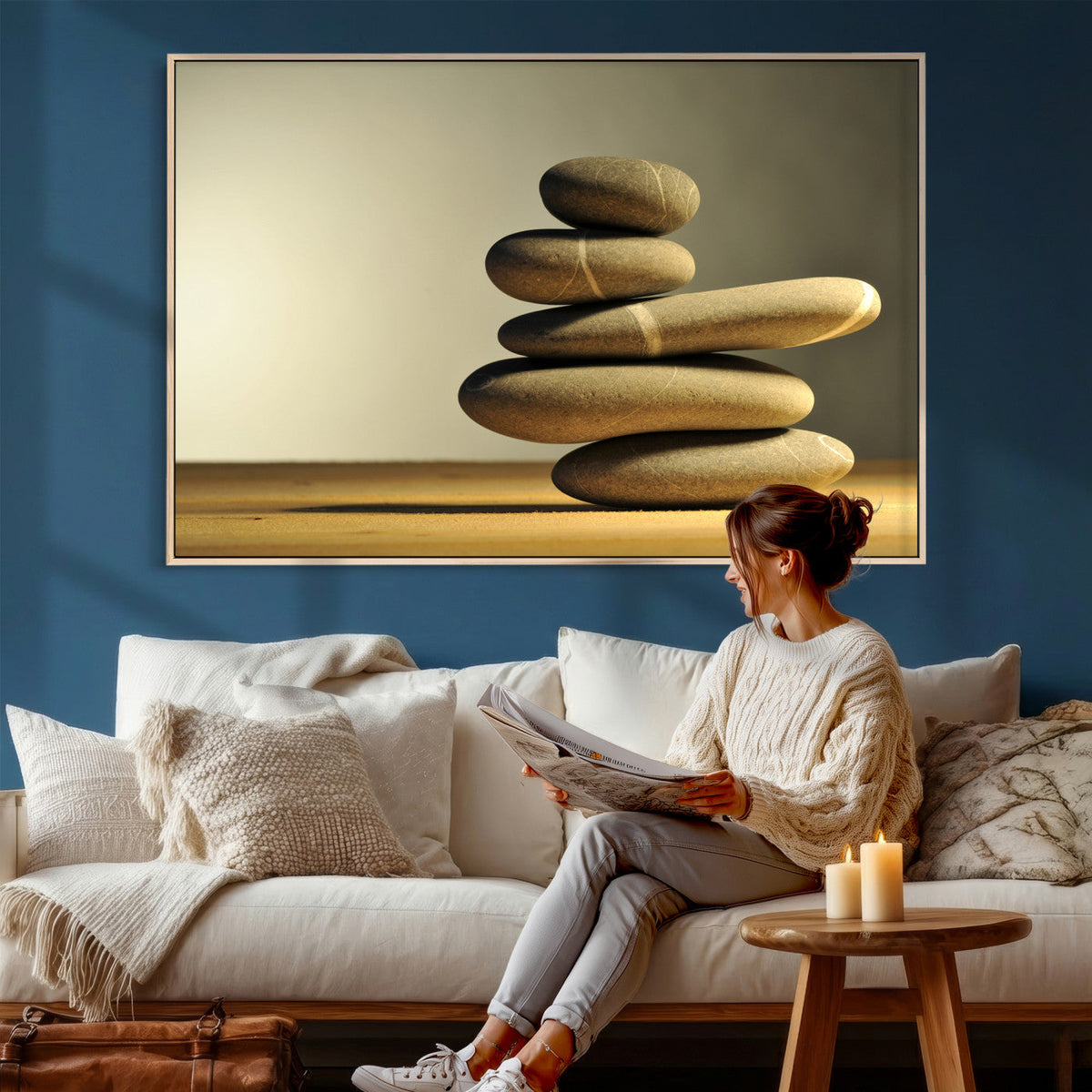 Zen Stone Wall Art Canvas Print, Balanced Rock Stack Framed