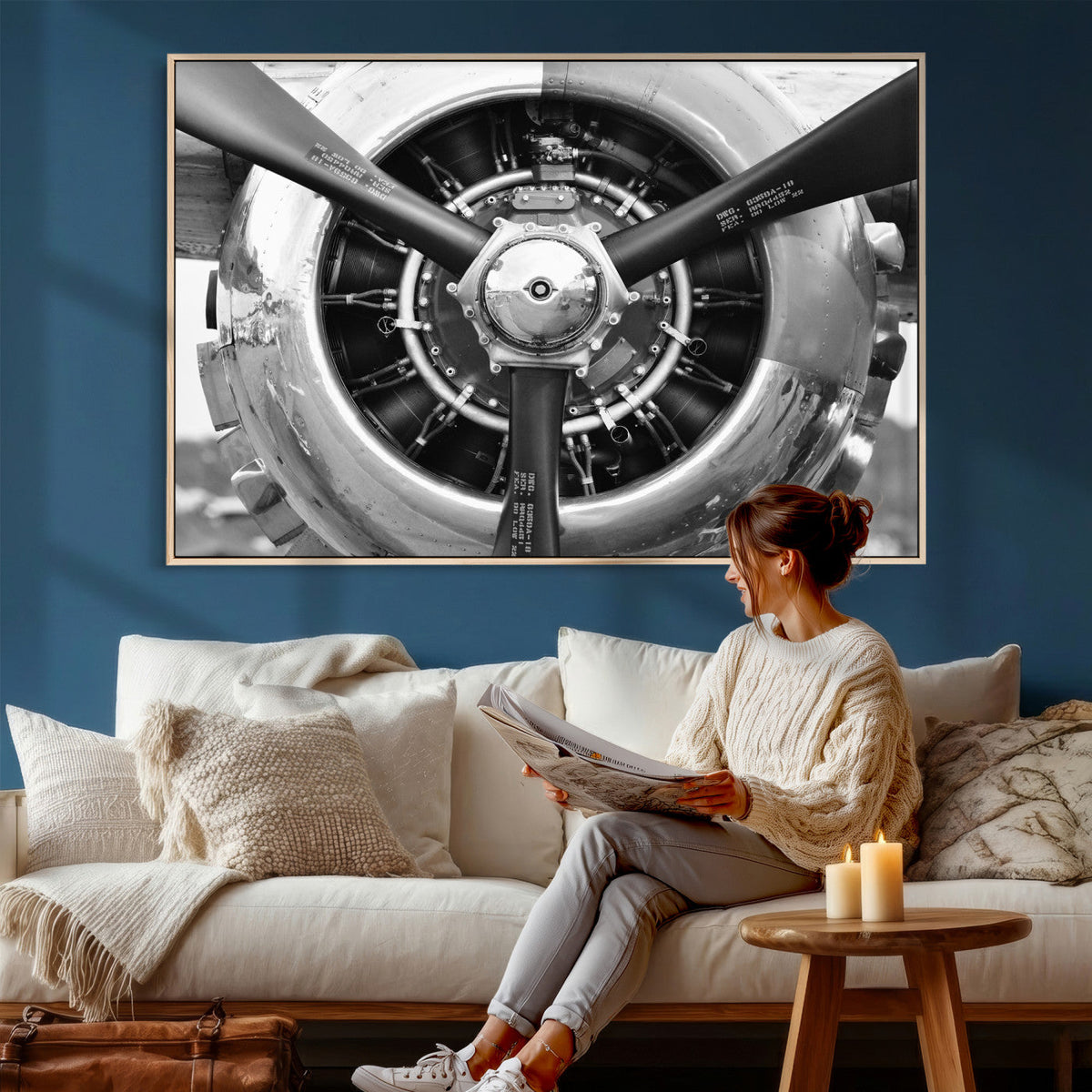 Vintage Propeller Plane Wall Art Canvas Print, Black and