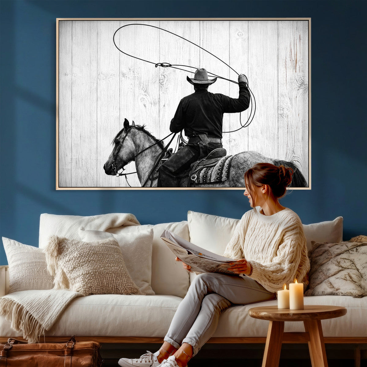 Cowboy Lasso Canvas Wall Art, Black White Western Horse