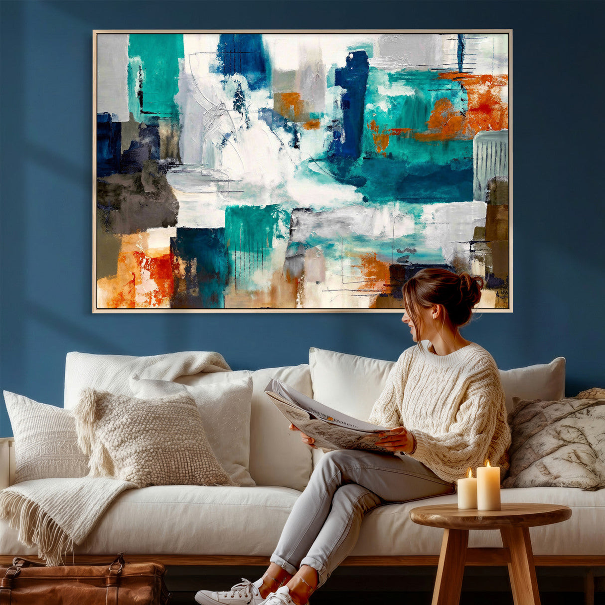 Blue Teal Abstract Canvas Wall Art, Modern Textured Painting Print, Navy Orange White Contemporary Art, Neutral Living Room Decor, Office Art