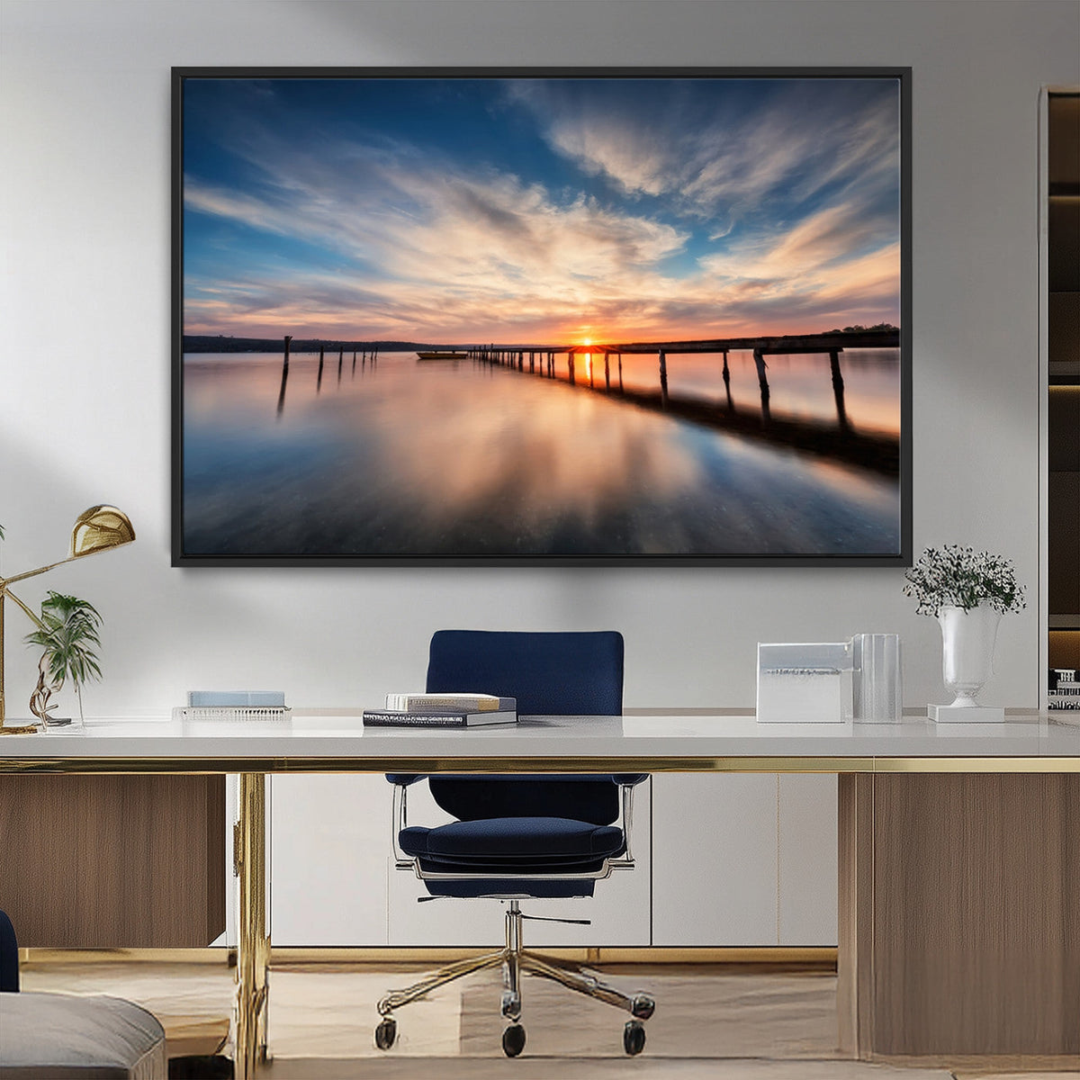 Wooden Pier on Seascape and Sunset Wall Art Canvas Print