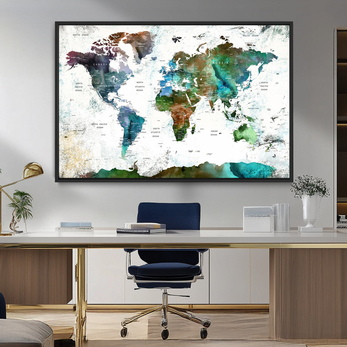 Modern Watercolor World Map Canvas Wall Art – Framed