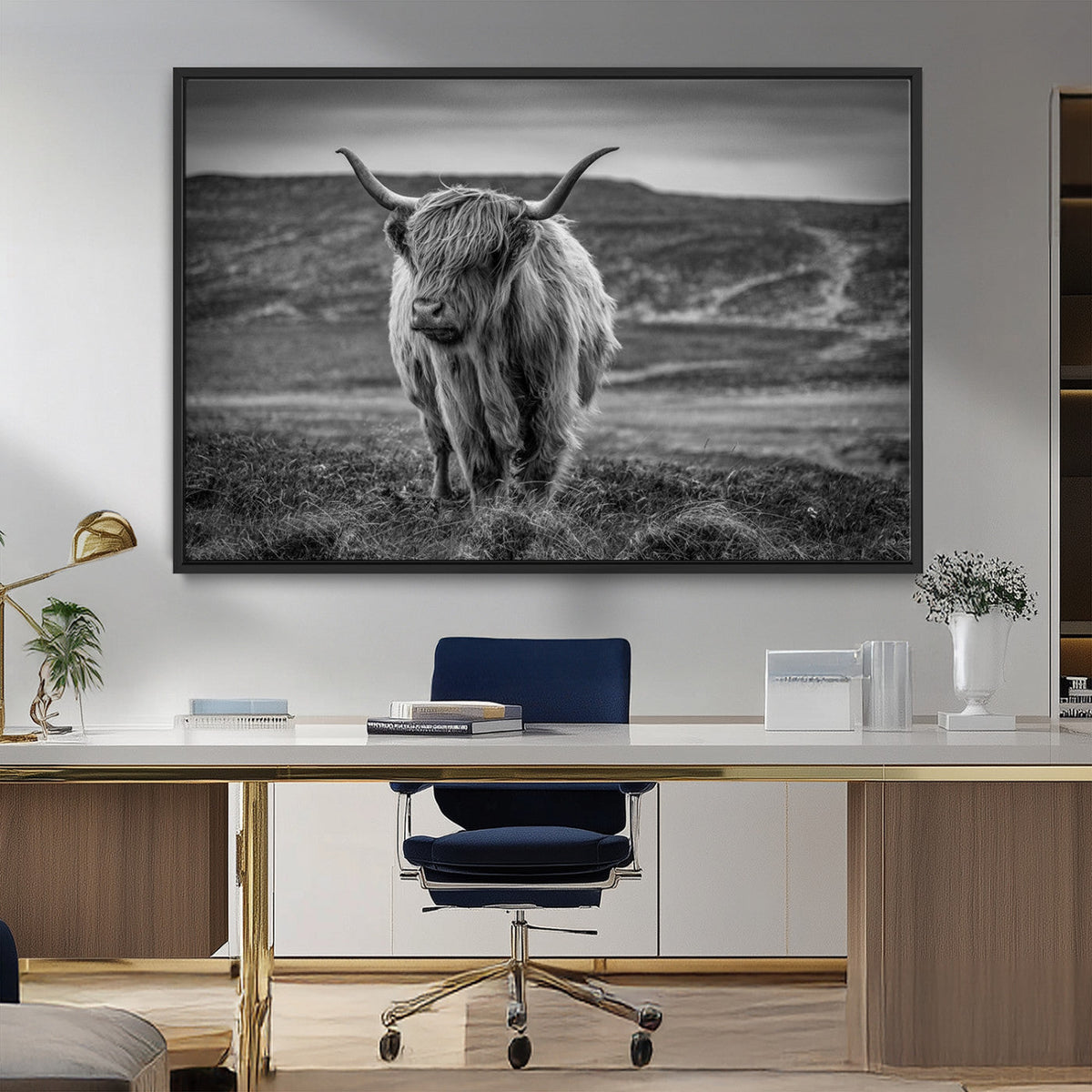 Fluffy Cattle Wall Art Print, Highland Cow Canvas, Framed