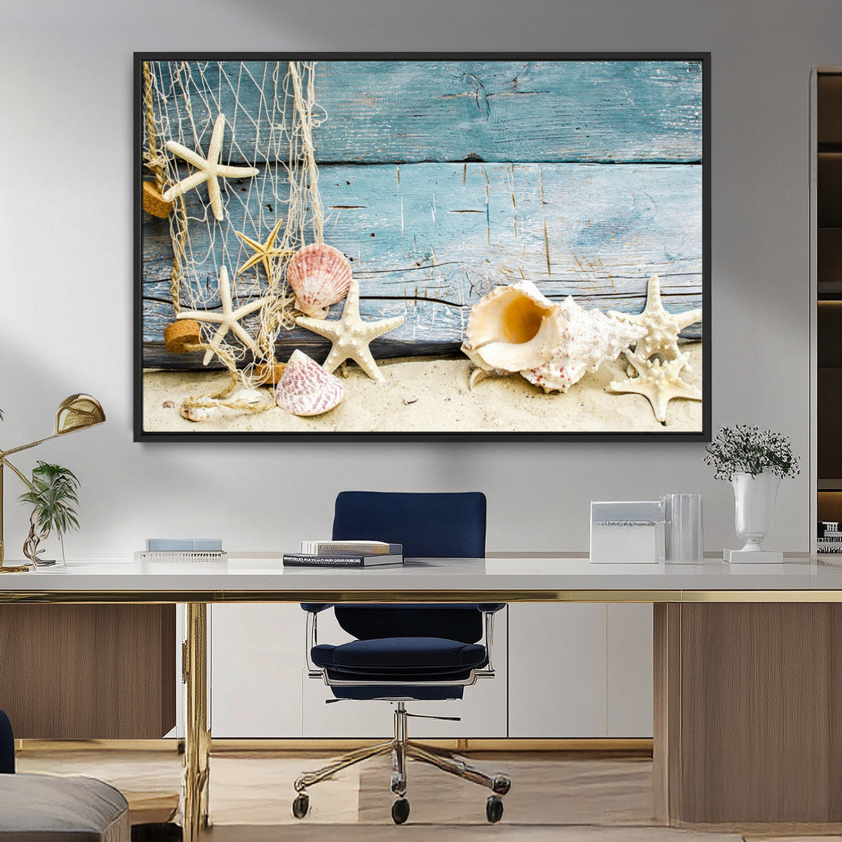 Seashells on Rustic Wooden Background, Seashells Wall Art