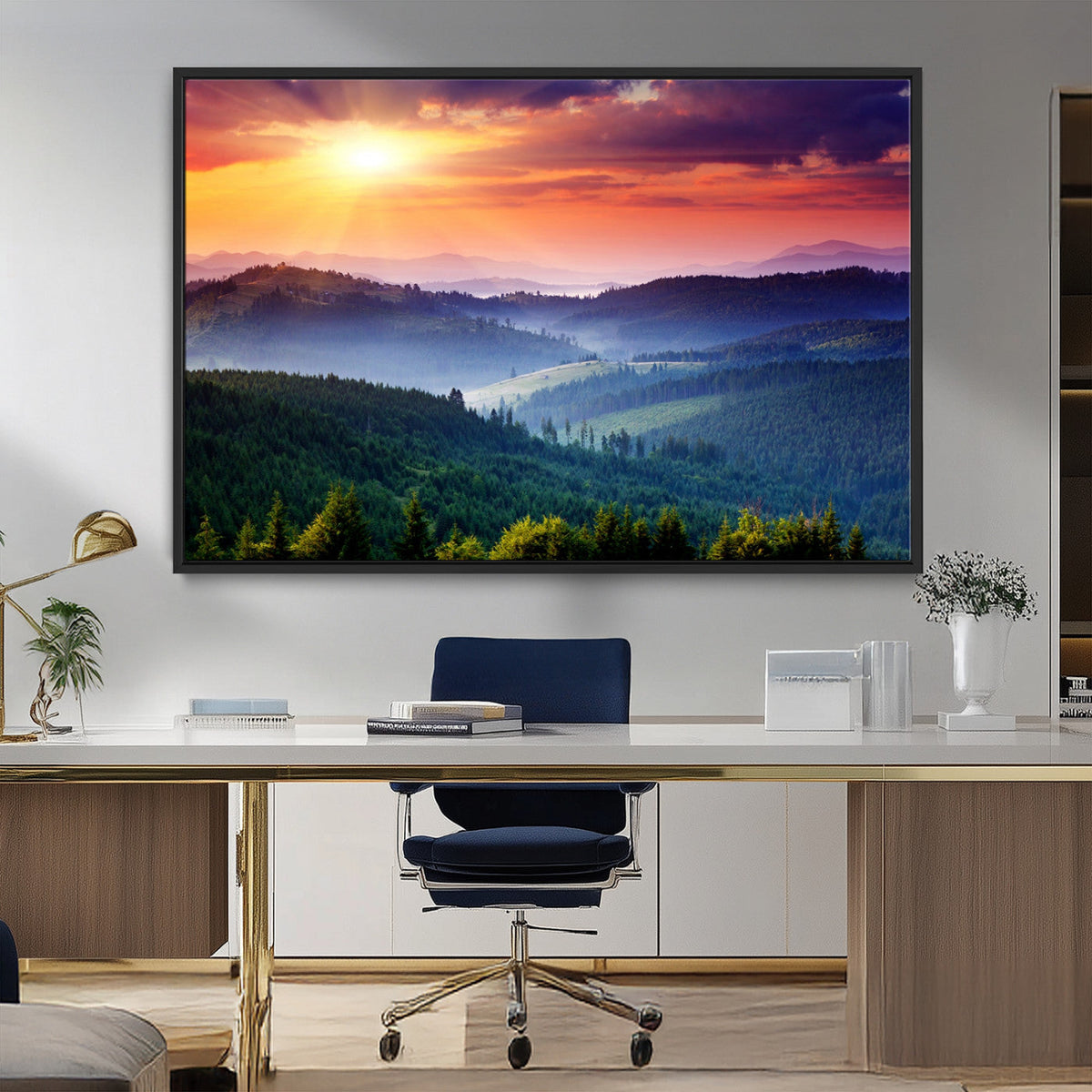 Beautiful Sunset over Hills Forest Landscape Canvas Wall Art