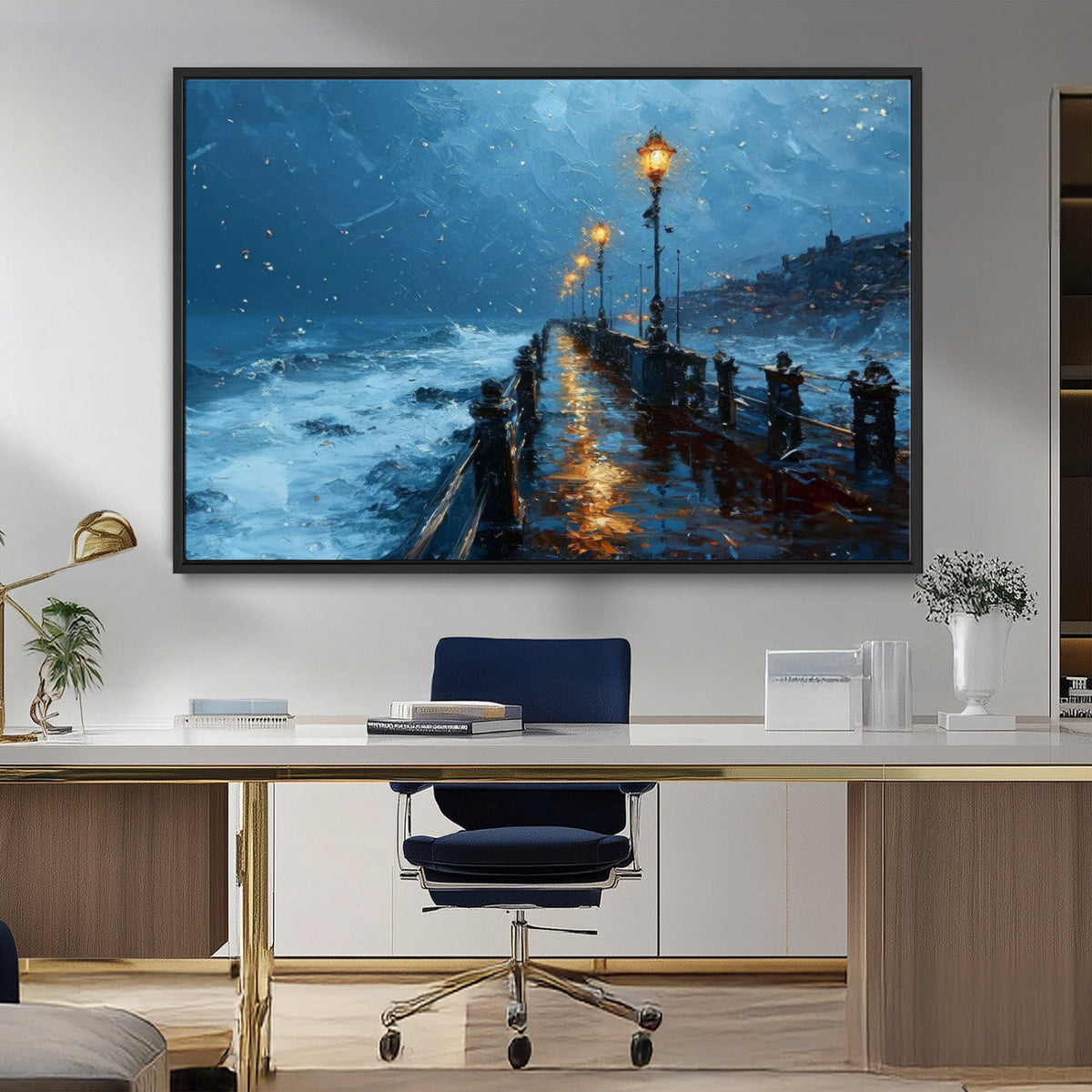 Stormy Night at Beach Pier Oil Painting Large Wall Art