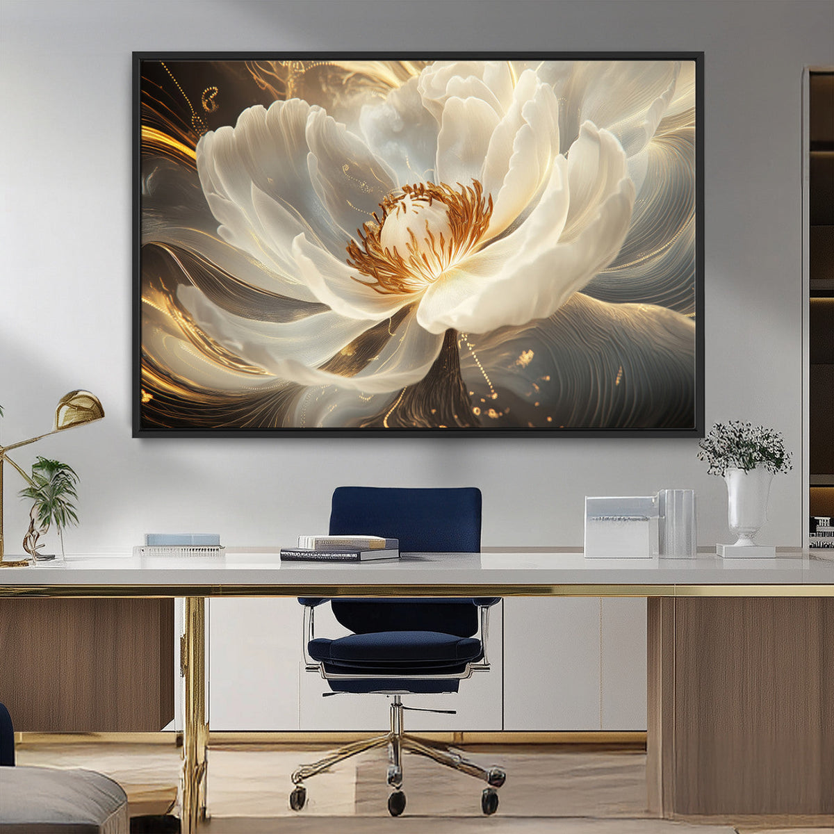 Gold Floral Wall Art Canvas Print, Framed Modern Flower Art