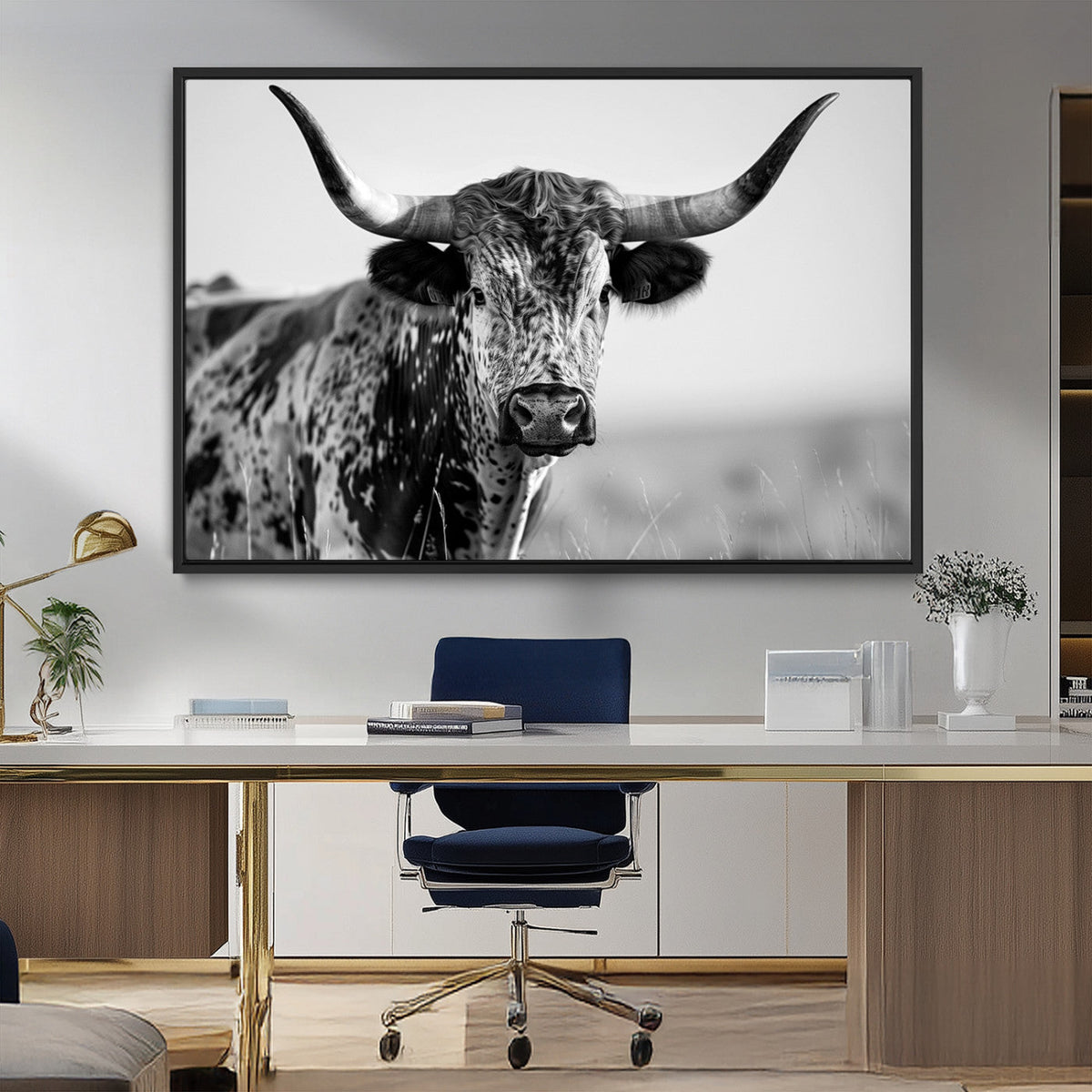 Texas Highland Cow Longhorn Canvas Print - Rustic Farmhouse