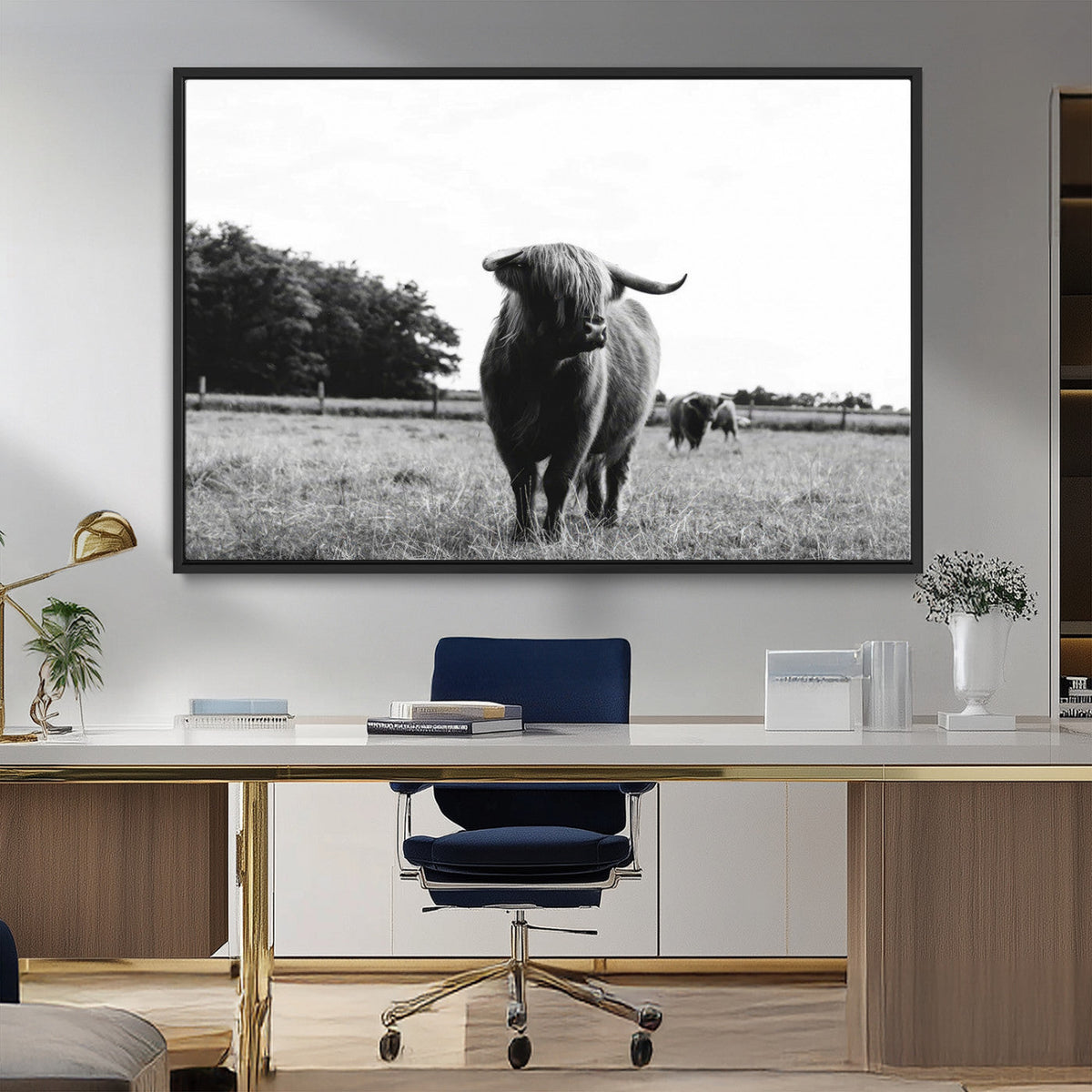 Black and White Highland Cow Wall Art Canvas Print | Rustic