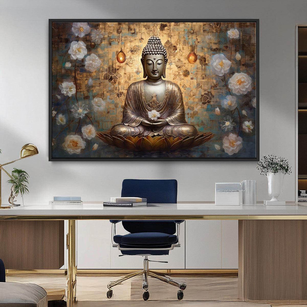 Golden Buddha Wall Art Canvas Print | Zen Meditation Floral