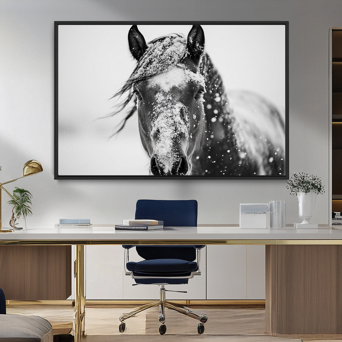 Western Wall Art | Black and White Winter Horse Wall Art |