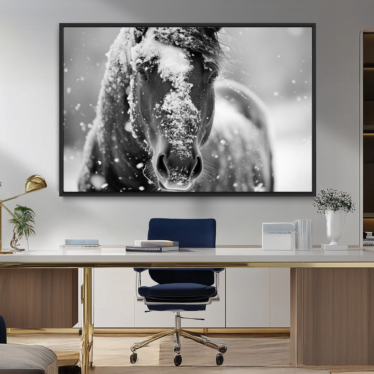 Black and White Horse Winter Wall Art | Ready to Hang and