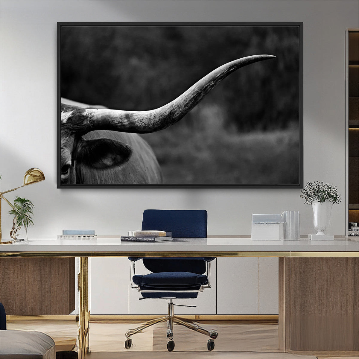 Cow Longhorn Wall Art | Black and White Print | Ready to