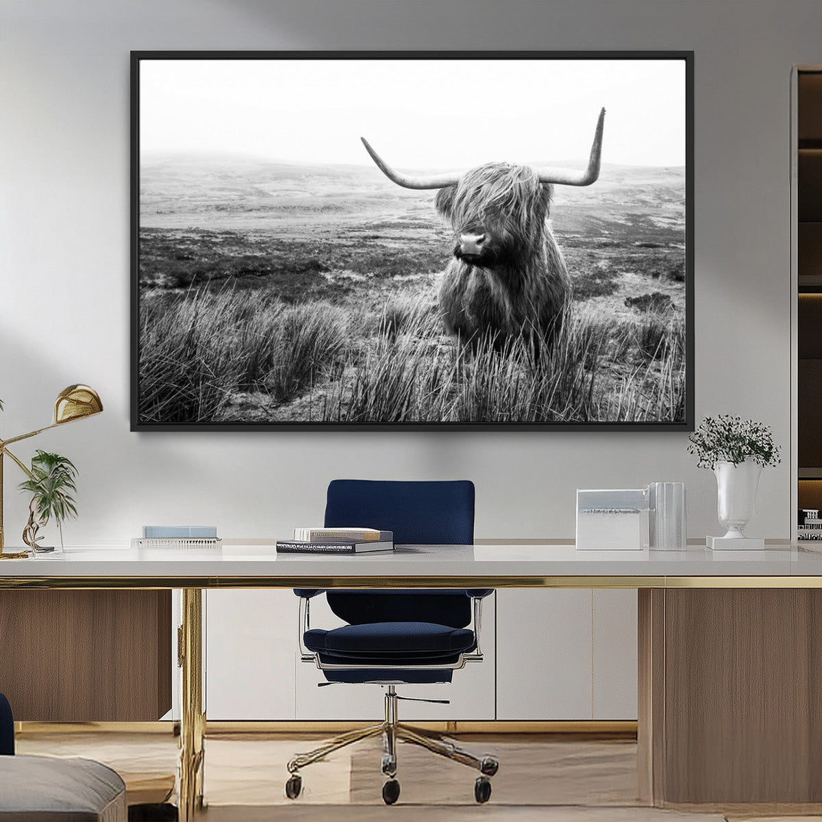 Scottish Highland Cow Wall Art | Black and White Canvas