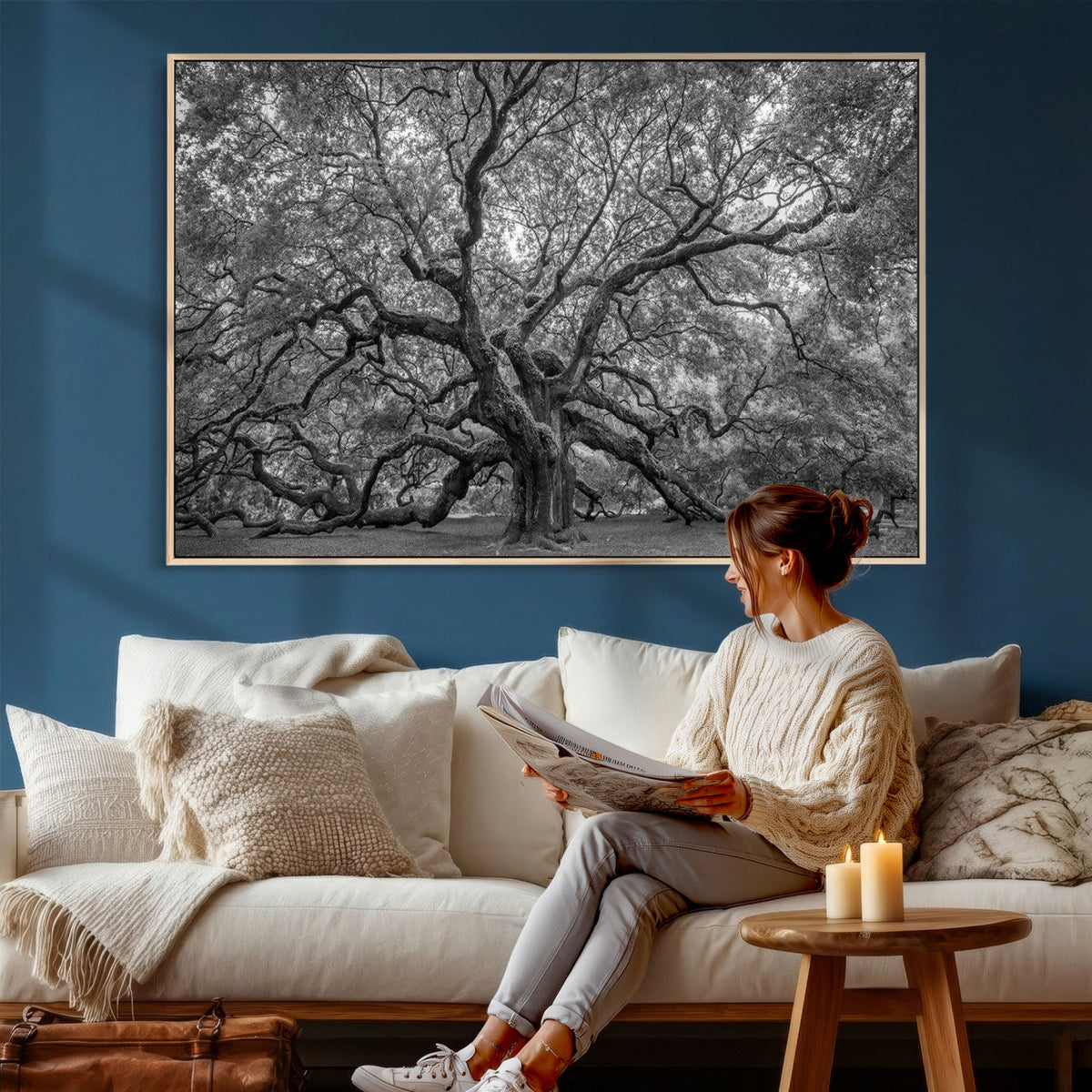 Majestic Angel Oak Tree Black and White Canvas Print – Multi