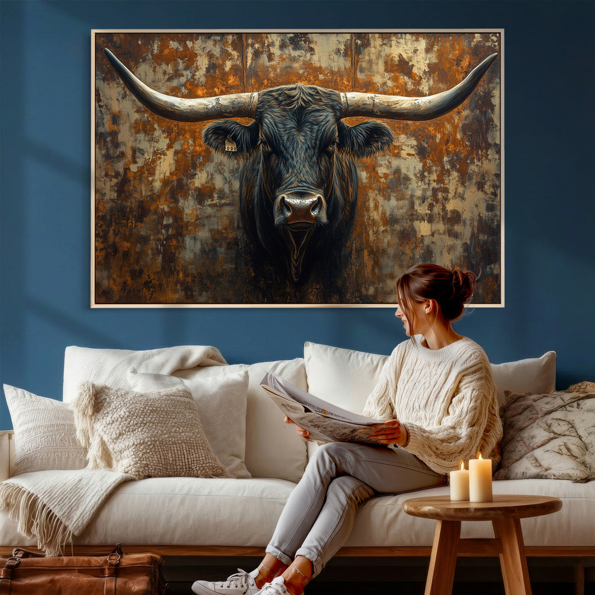 Longhorn Texas Cow Bull Wall Art | Rustic Farmhouse Canvas