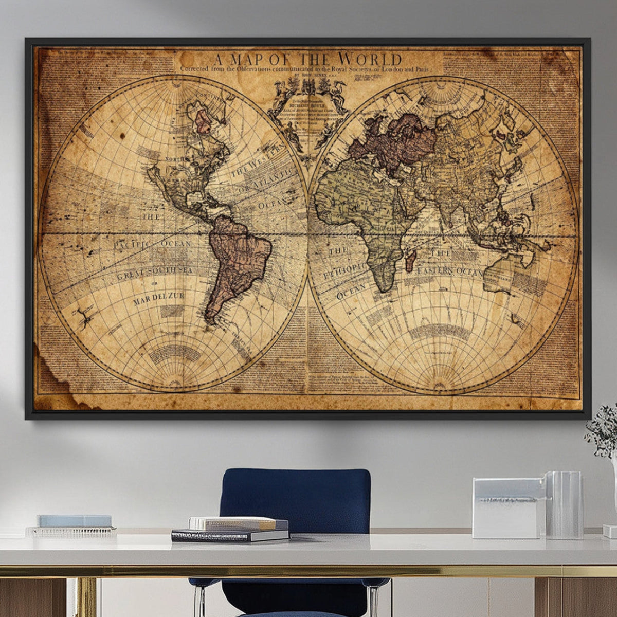 Vintage World Map Wall Art Canvas – Antique Style Push Pin