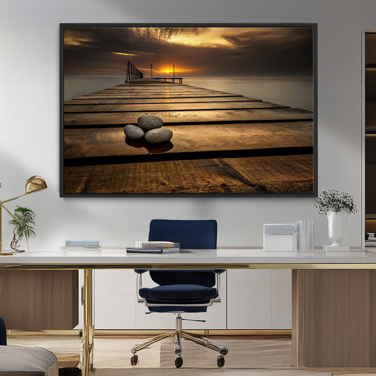 Stones on Wooden Pier at Sunset Canvas Print, Serene Coastal
