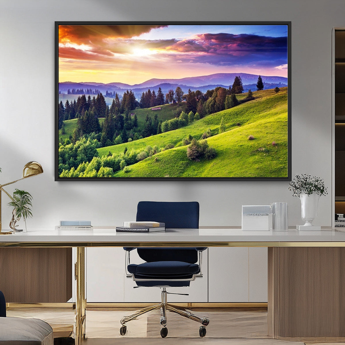 Green Hills and Sunset Wall Art Print - Scenic Landscape