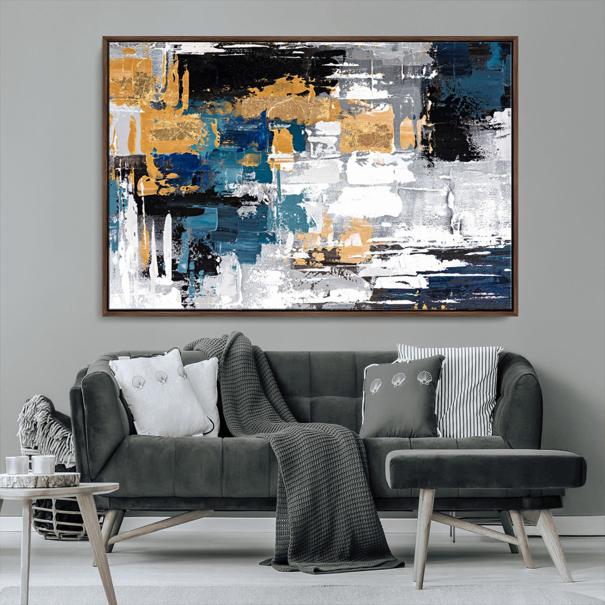 Blue and Gold Abstract Canvas Wall Art – Triptych Modern