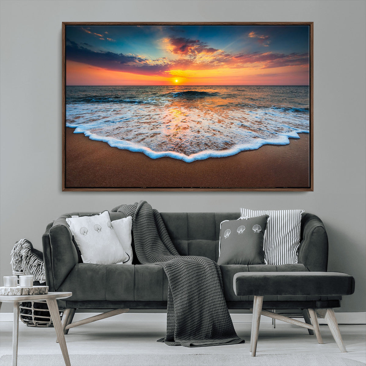 Sunset Beach Canvas Wall Art – Colorful Ocean Waves Triptych