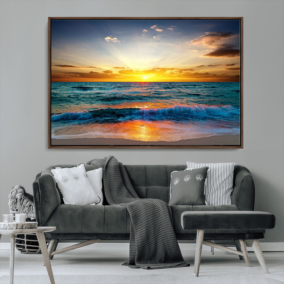 Vibrant Ocean Sunrise Over Golden Beach Waves, Giclee Canvas