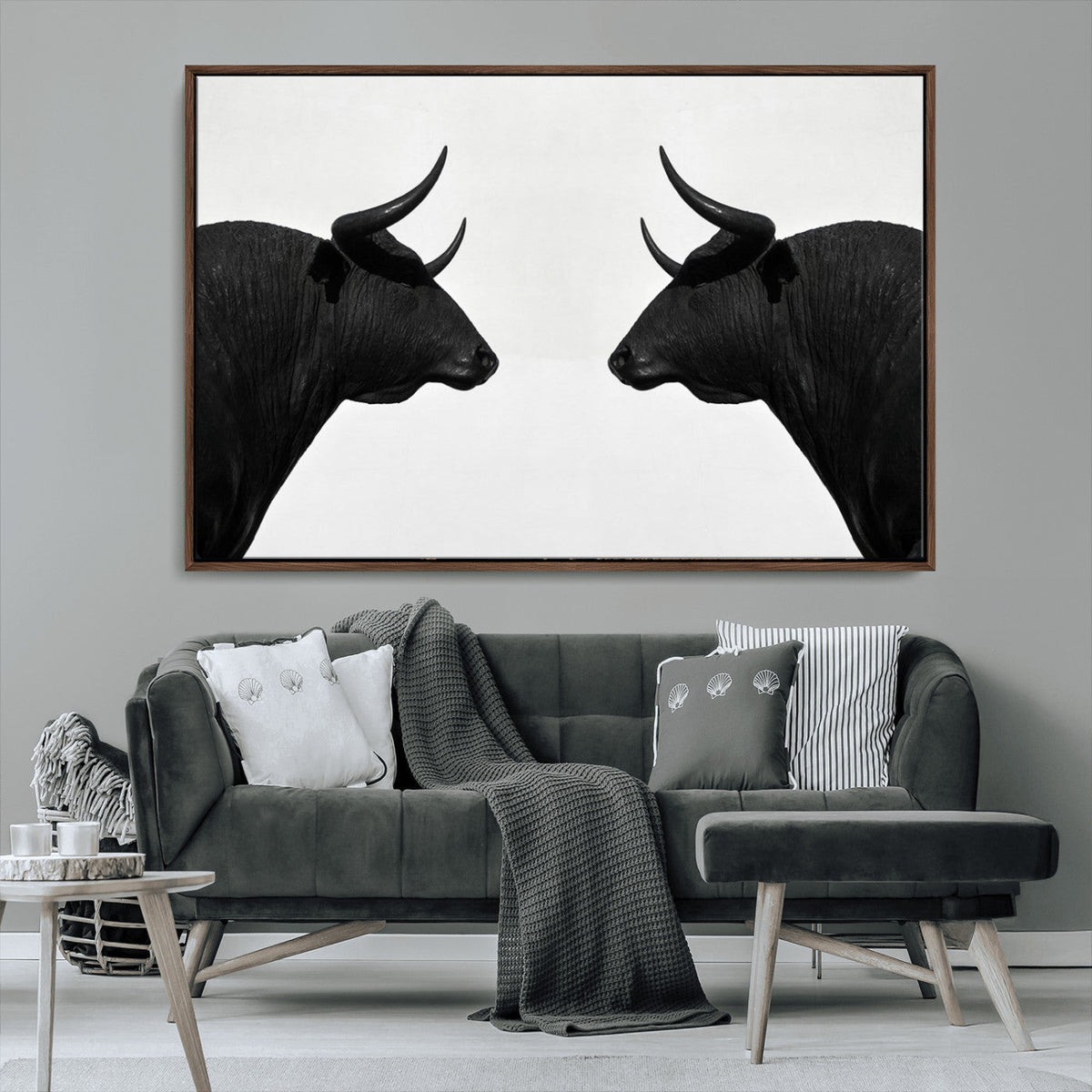 Spanish Bull Art - Framed Black and White Bull Canvas Print