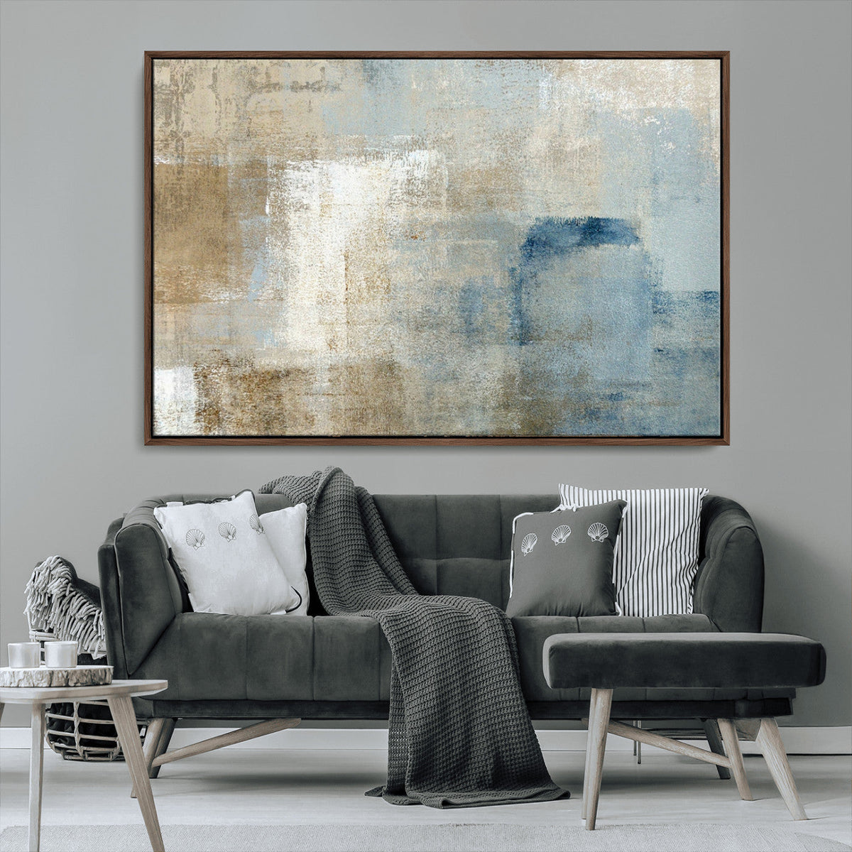 Abstract Blue and Beige Wall Art, Modern Minimalist Canvas