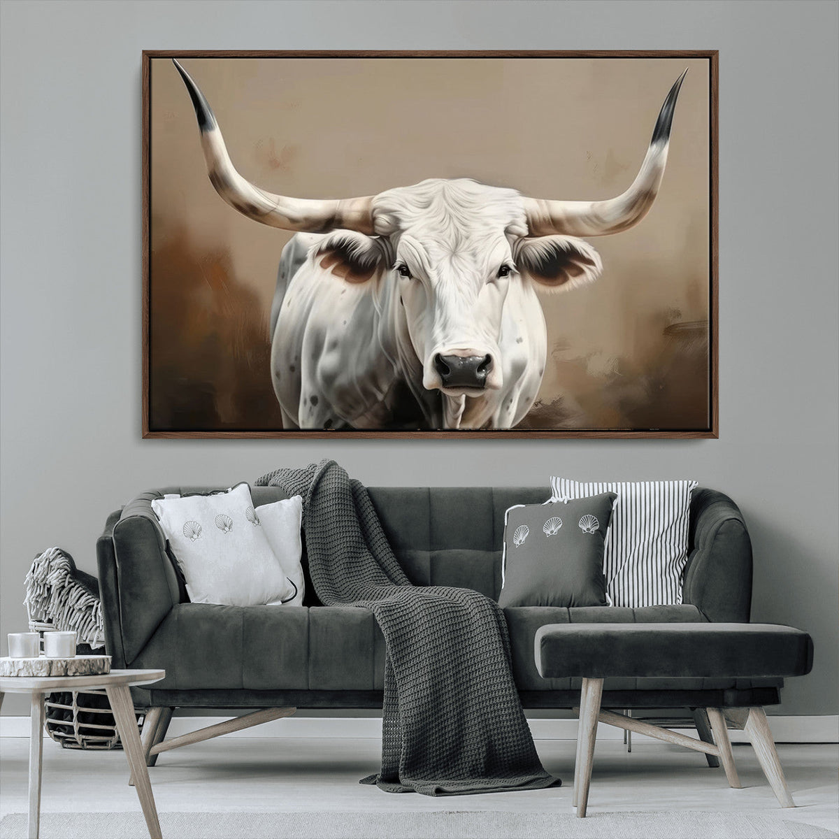 White Longhorn Bull Wall Art Canvas Print – Framed and Ready
