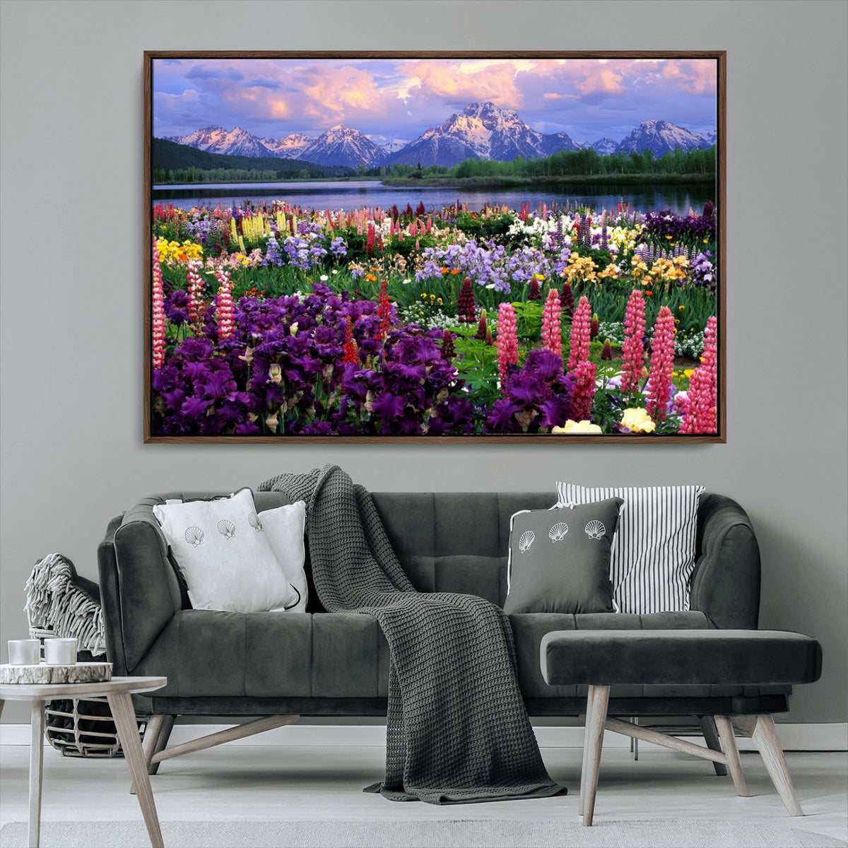 Vibrant Wildflower Garden and Mountain View Giclee Canvas