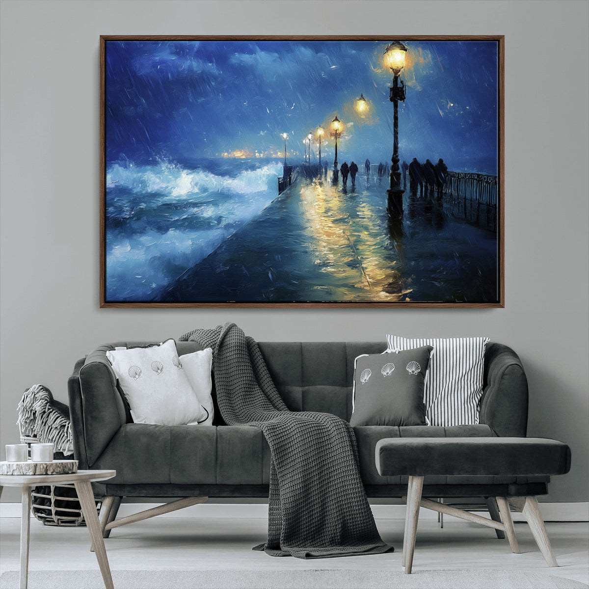 Storm Ocean Pier Canvas Wall Art Print - Large Moody Night