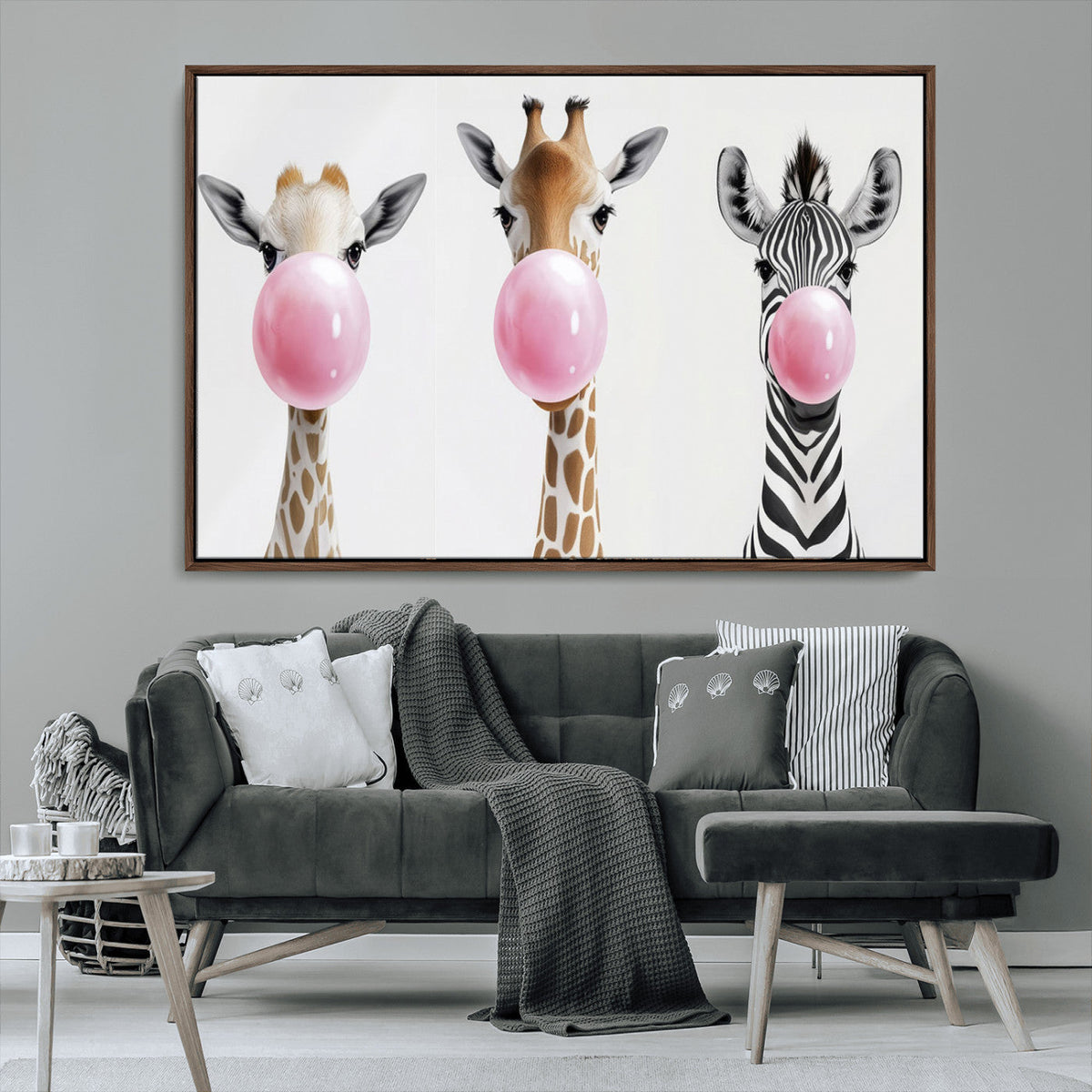Bubblegum Animals Canvas Wall Art - Playful Giraffe and