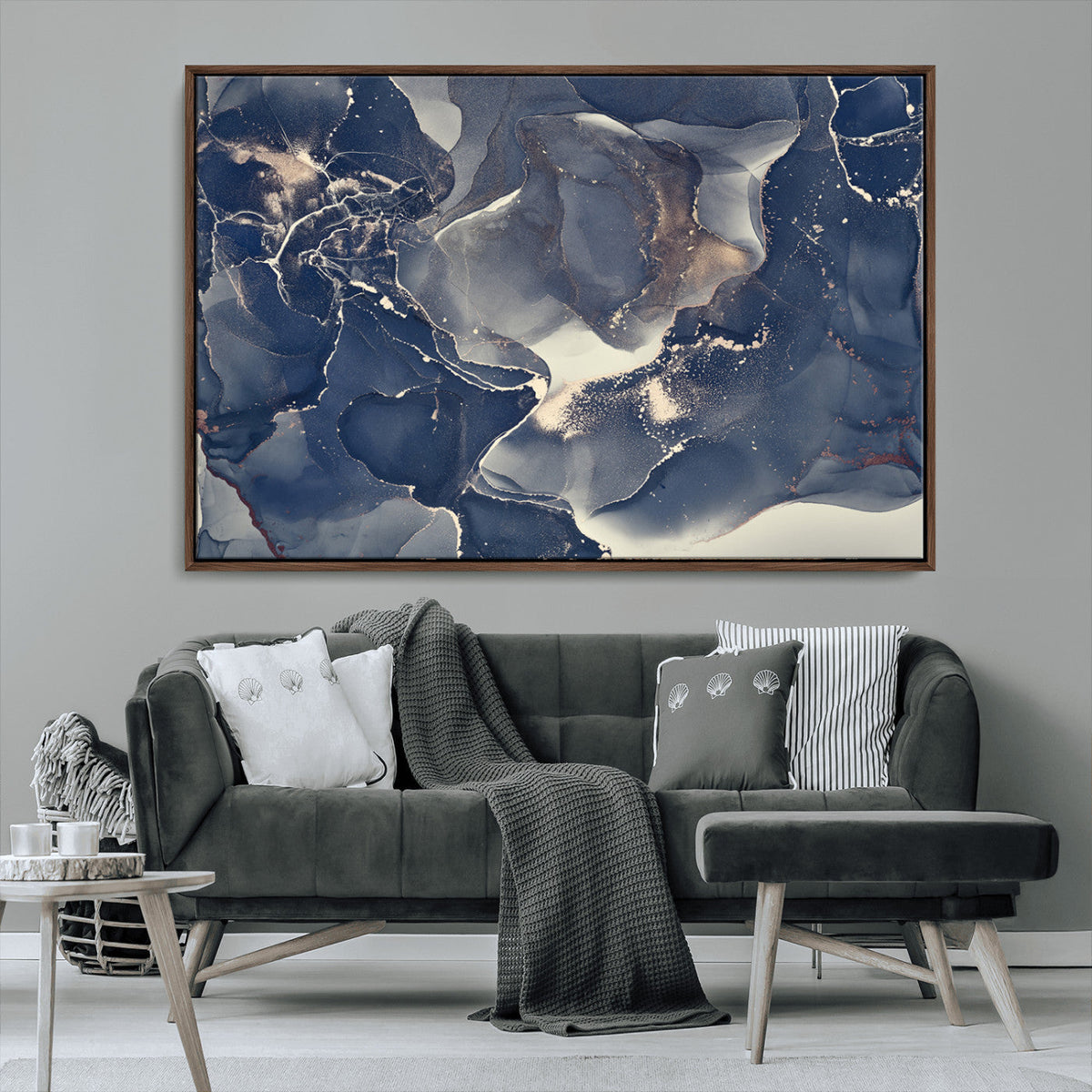 Large Abstract Blue and Gold Canvas Wall Art Fluid Ink