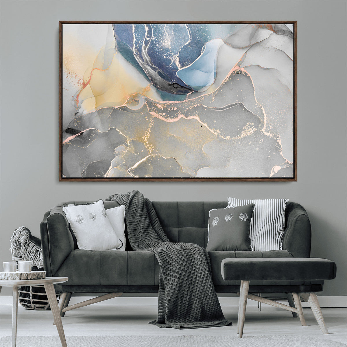Large Abstract Blue and Gold Canvas Wall Art | Fluid Ink