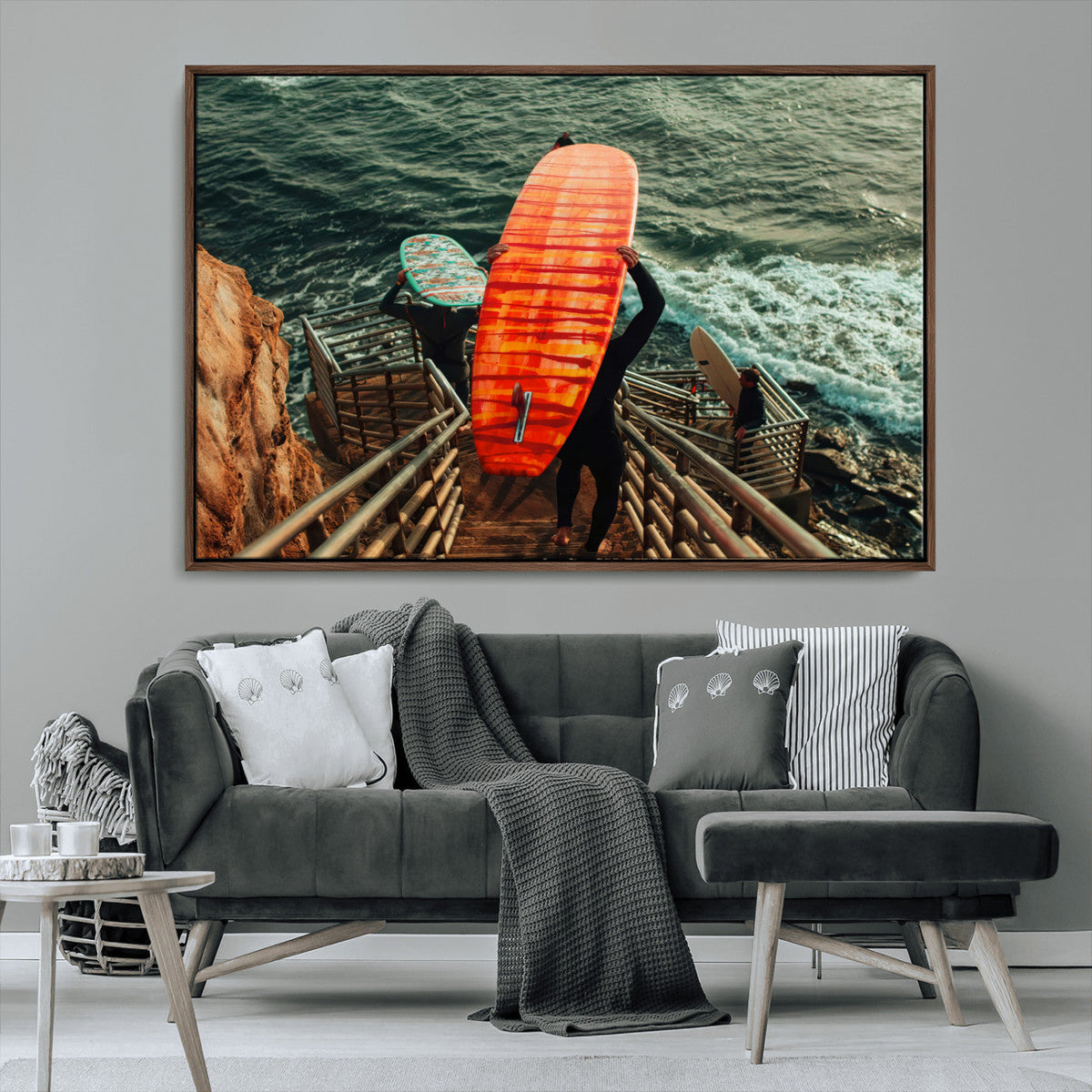 Surfer Stairway Wall Art – Framed Ocean Surf Canvas Artwork,