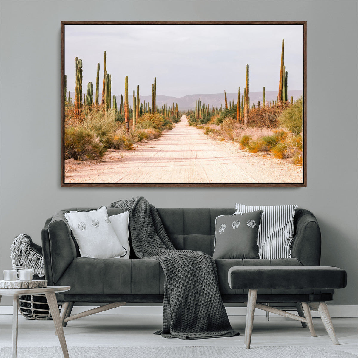 Desert Cactus Lined Road Wall Art Canvas Print – Framed