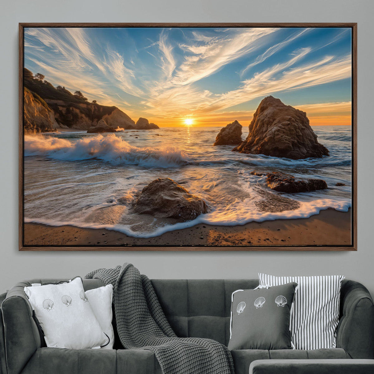 Rocky Ocean Sunset Wall Art Print – Seaside Canvas Dramatic
