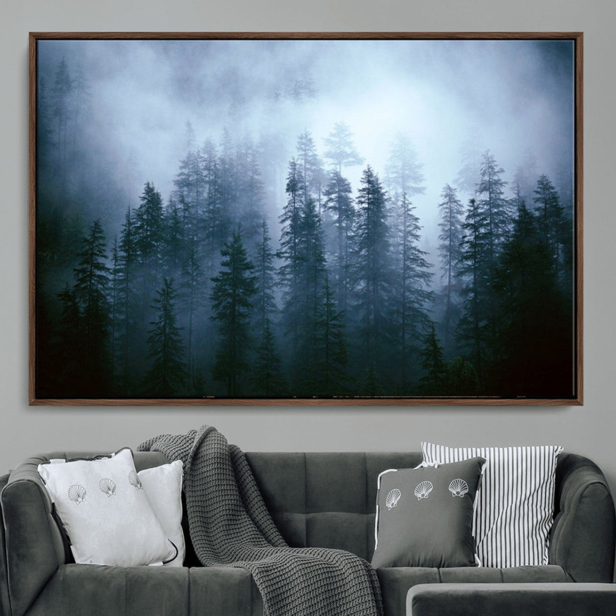 Foggy Evergreen Pines Wall Art – Mist Forest Blue Haze Moody