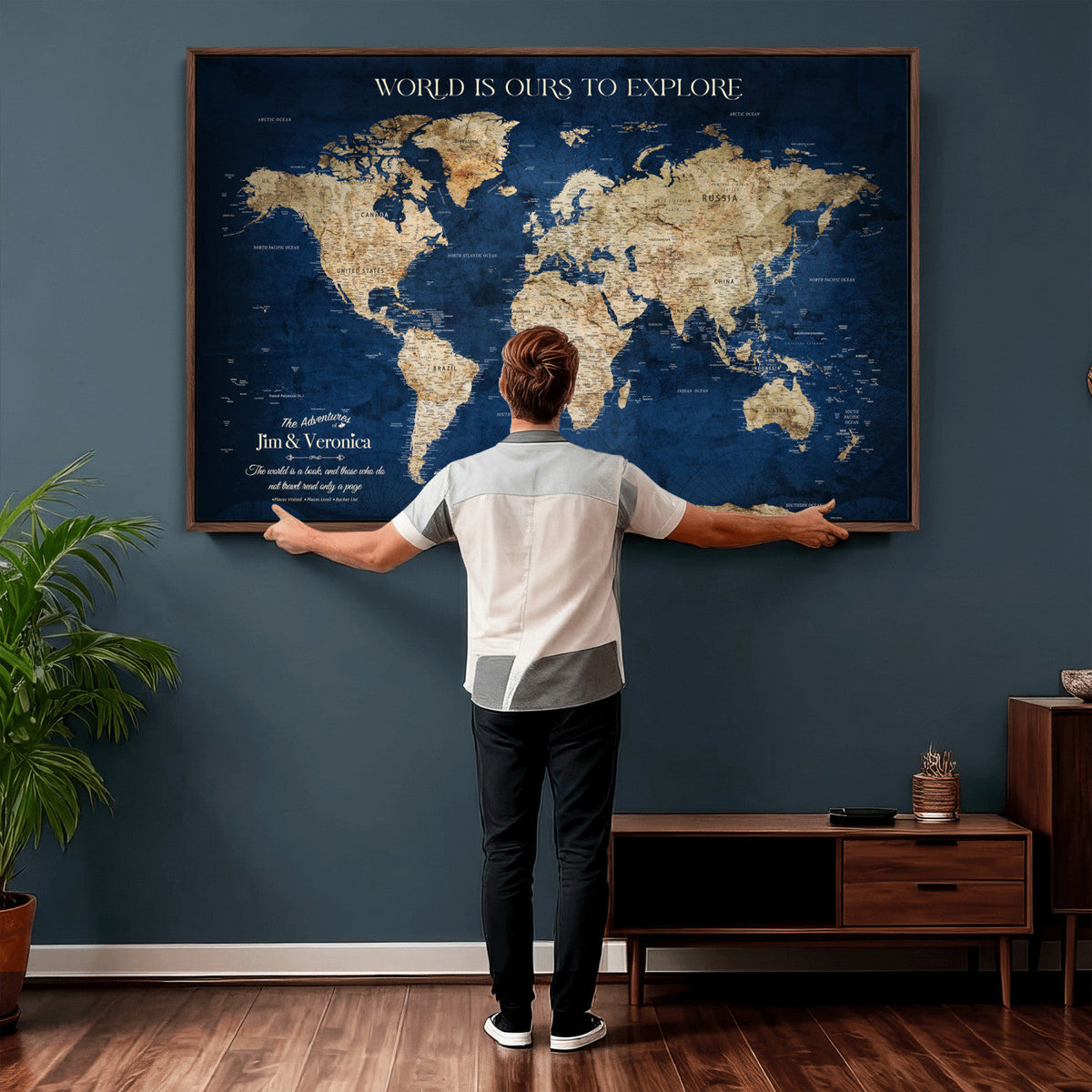 Framed Custom World Map Canvas Print - Deep Blue World Map