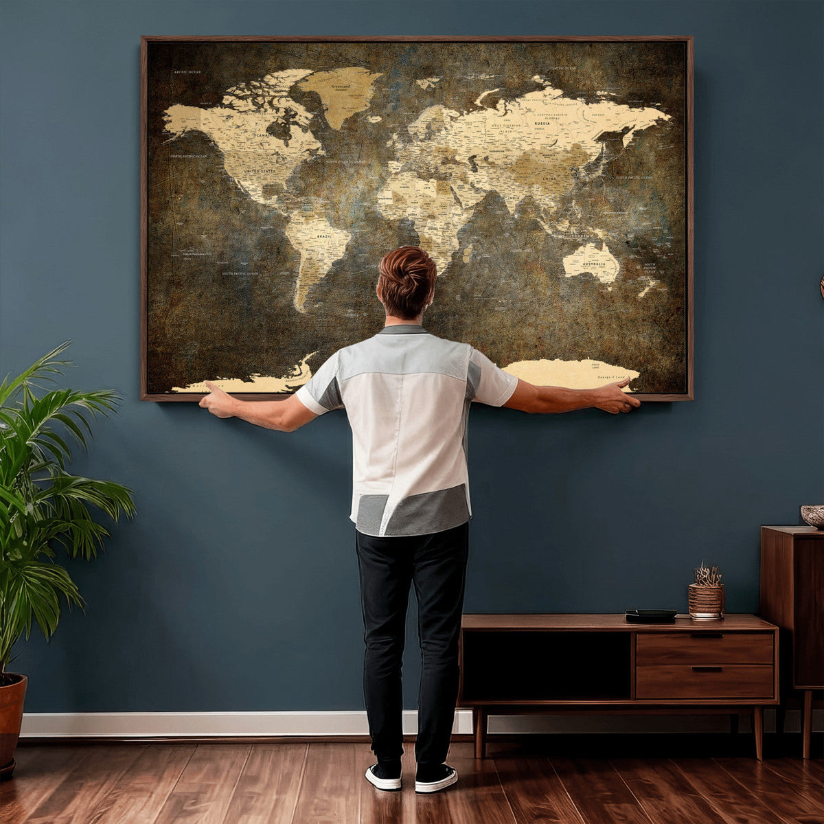 Large Framed Vintage World Map Wall Art Print for Home Wall