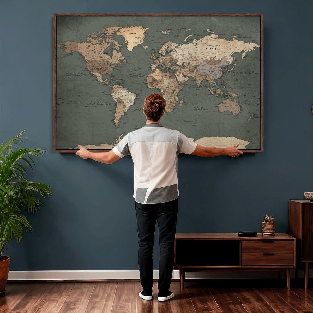 Rustic Black and Wood World Map Canvas Wall Art – Framed