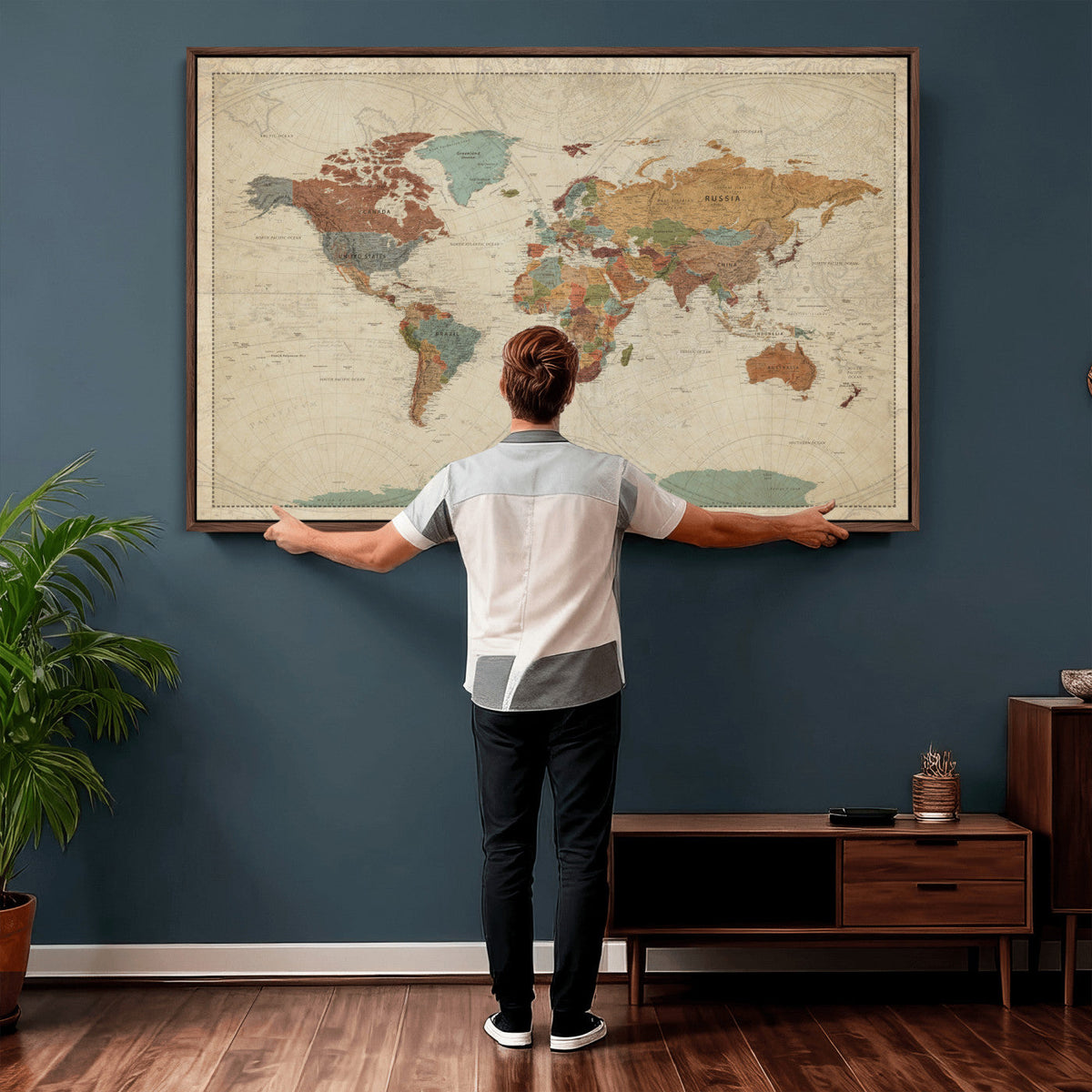 Vintage World Map Canvas Wall Art Print – Framed Modern