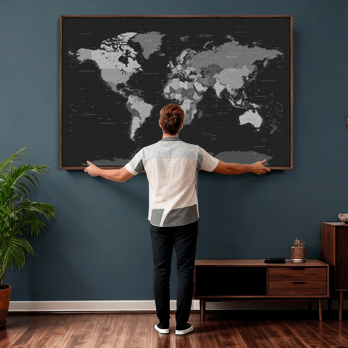 Black World Map Wall Art Canvas Print – Detailed Map of the