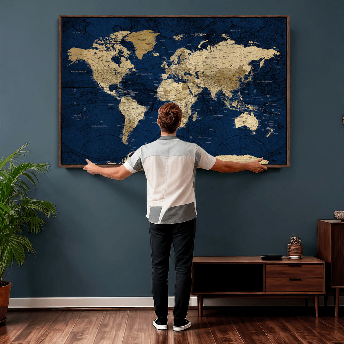 Navy Blue World Map Canvas Print – Detailed Map Minimal Navy