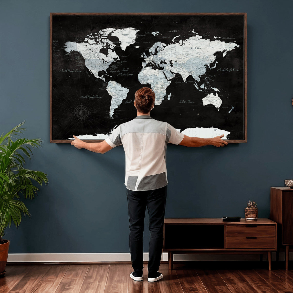 World Map Canvas Print – Framed Push Pin Wall Art, Color